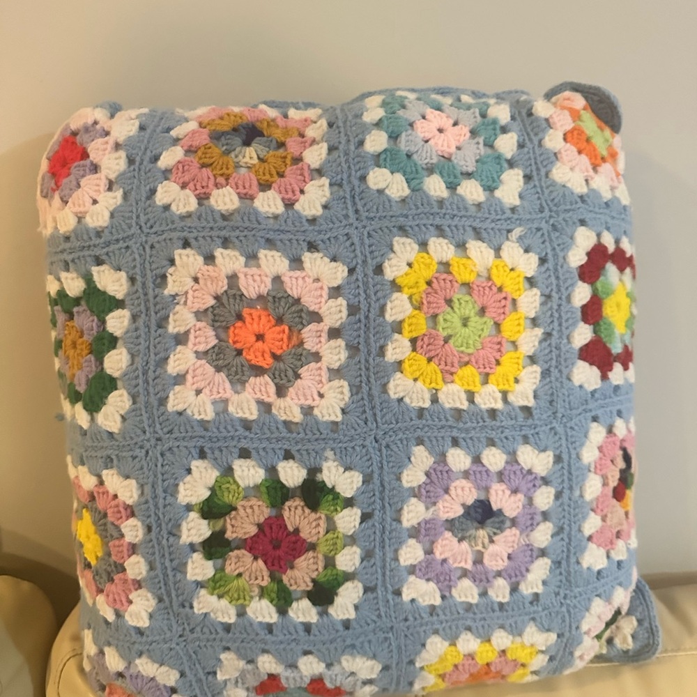 Handmade Crochet Granny Square Pillow - Pastel Multi on Light Blue